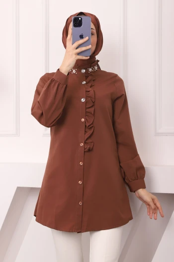 Kahverengi Yaka Taşlı Fırfırlı Poplin Tunik