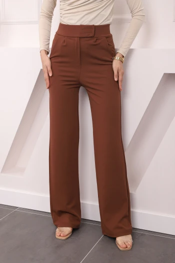 Kahverengi Yüksek Bel Beli Cırt Cırtlı Palozzo Pantolon