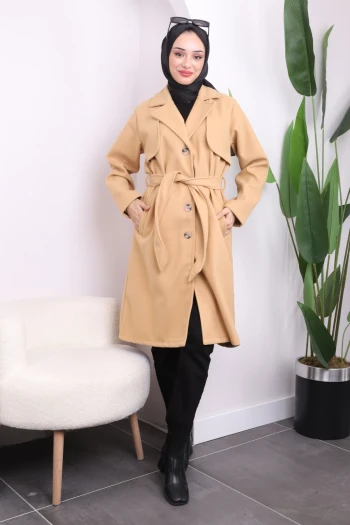 Koyu Bej Bel Kuşaklı Cepli Kaşe Kaban