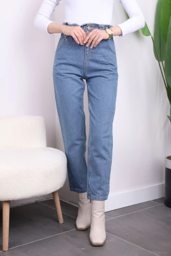 Koyu Mavi Bel Lastikli Mom Jeans Pantolon