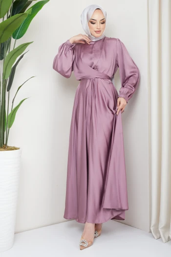 Koyu Pudra Büyük Beden Ön Detaylı Saten Abiye