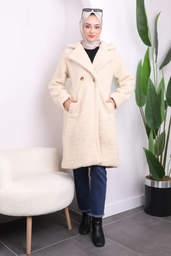 Krem Cepli Angora Pelüş Kaban