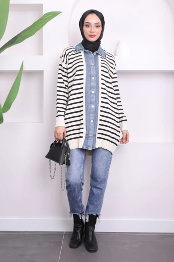 Krem Kot Detaylı Düğmeli Triko Hırka