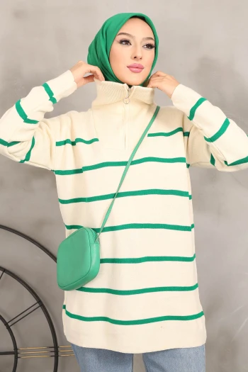 Krem/Yeşil Yaka Fermuarlı Çizgili Triko Tunik
