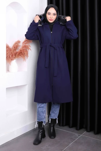 Lacivert Bel Kuşaklı Kaşe Kaban