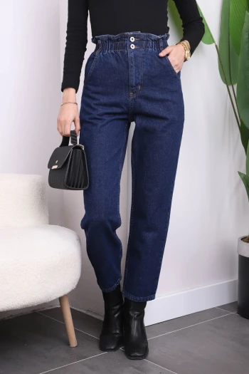 Lacivert Bel Lastikli Mom Jeans Pantolon