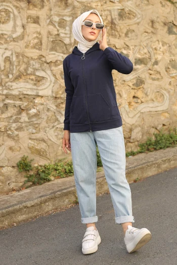 Lacivert Kapüşonlu Ön Fermuarlı Cepli Sweatshirt Hırka