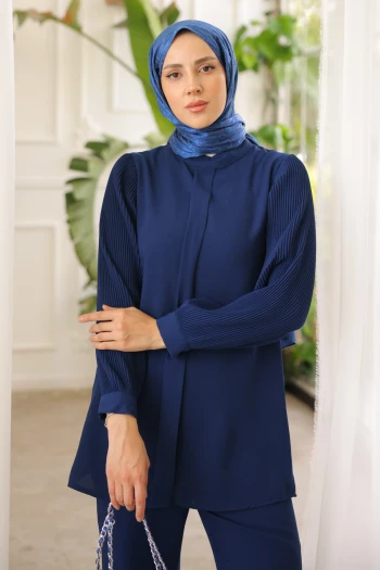 Lacivert Kol Piliseli Tunik Pantolon Takım