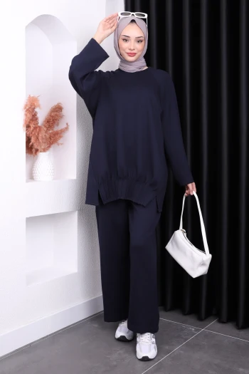 Lacivert Nervürlü Pantolonlu Oys Takım