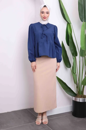 Lacivert Yaka Bağlamalı Kol Lastikli Gömlek