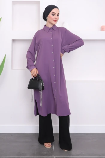 Lila Büyük Beden Düğme Detaylı Yırtmaçlı Tunik
