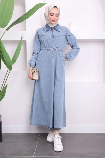 Mavi Bel Büzgülü Cepli Kot Elbise