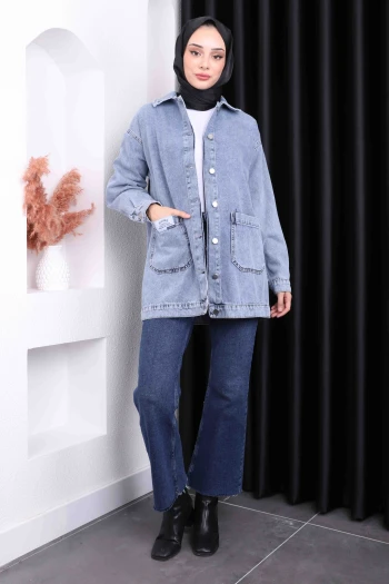 Mavi Cepli Düğmeli Kot Ceket