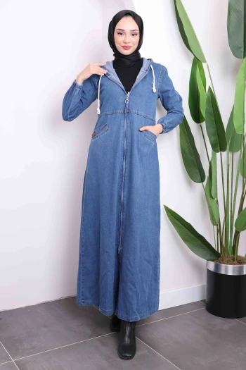 Mavi Kapüşonlu Fermuarlı Kot Kap