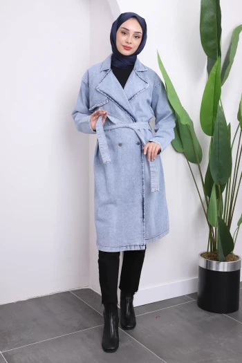 Mavi Taş Detaylı Kot Trenç