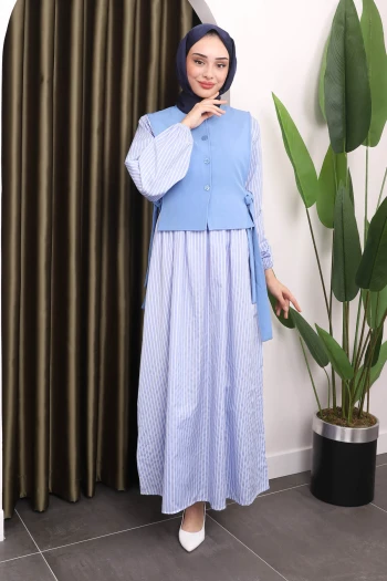 Mavi Yelekli Bel Lastikli Çizgili Elbise