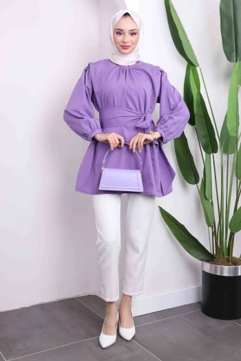 Mor Omuz Detaylı Kuşaklı Tunik