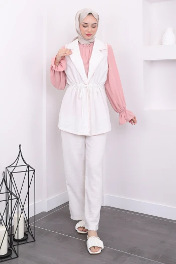 Pudra Bluz Yelek Pantolon Üçlü Takım