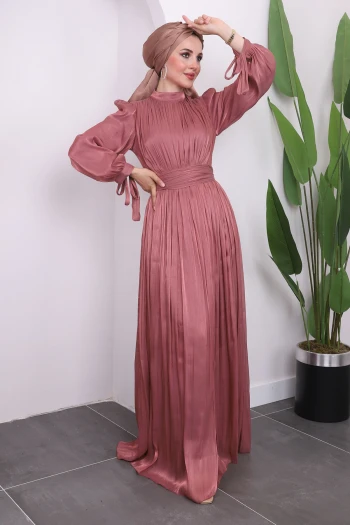 Pudra Kol Bağlamlı Piliseli Tül Abiye