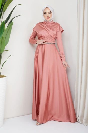 Pudra Ön Detaylı Bel Taşlı Saten  Abiye