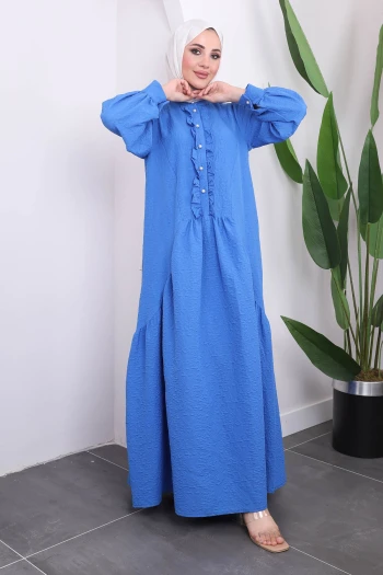 Saks Balon Kol Kendinden Desenli Elbise