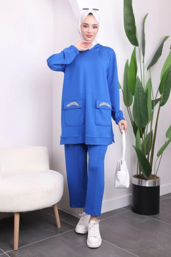 Saks Mavi Cep Taş Detaylı Oys Takım