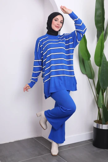 Saks Mavi Çizgili Triko Tunik Pantolon Takım