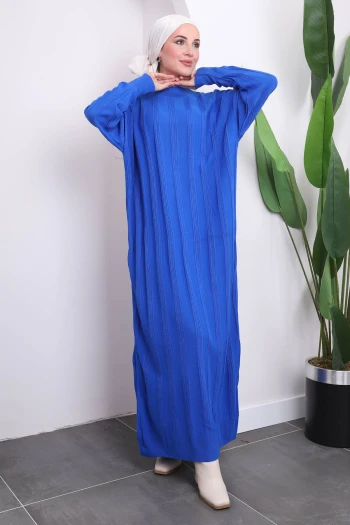 Saks Mavi Dik Yaka Merserize Triko Elbise