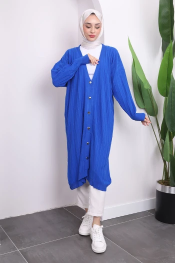 Saks Mavi Düğmeli Uzun Triko Merserize Hırka