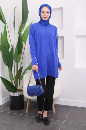 Saks Mavi Kol Düğmeli Yumoş Triko Tunik
