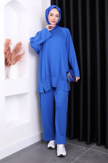 Saks Mavi Nervürlü Pantolonlu Oys Takım