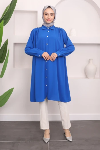 Saks Mavi Omuz Taşlı Düğme Detaylı Tunik