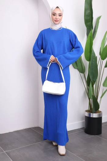 Saks Mavi Triko Crop Elbiseli İkili Takım