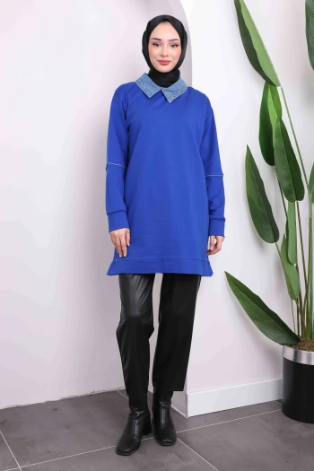 Saks Mavi Yaka Taşlı İki İplik Tunik