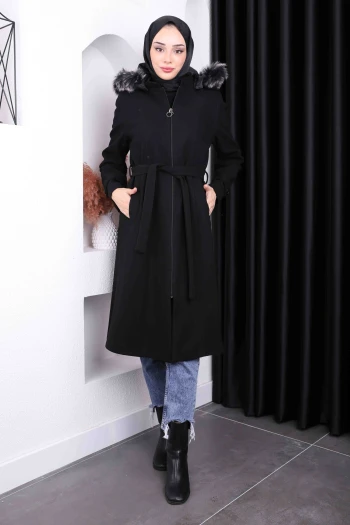 Siyah Bel Kuşaklı Kaşe Kaban