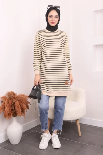 Siyah Bisiklet Yaka Çizgili Tunik