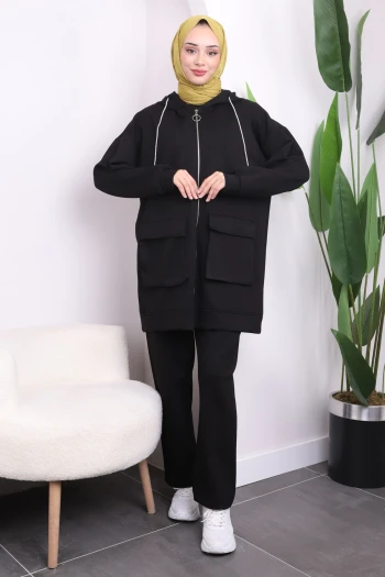 Siyah Kapüşonlu Fermuarlı Oys Takım