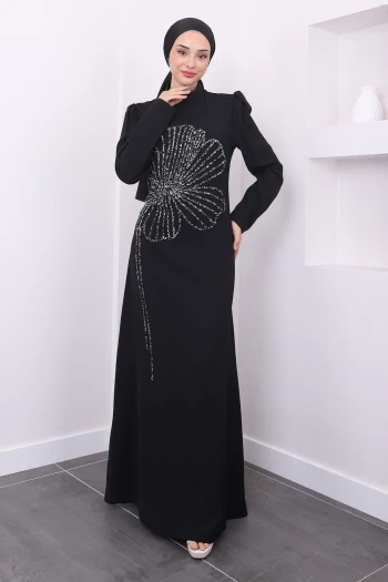 Siyah Önü Taş İşlemeli Nursema Abiye