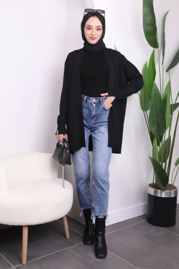 Siyah Soğuk İplik Merserize Triko Hırka