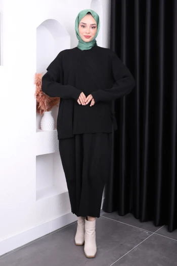 Siyah Tek Omuz Süveterli Triko Elbise