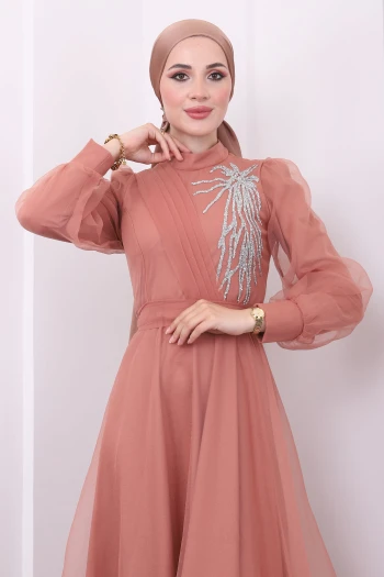 Somon Ön Detaylı Taşlı Tül Abiye