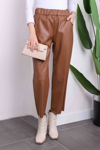 Taba Cepli Bel Lastikli Deri Pantolon