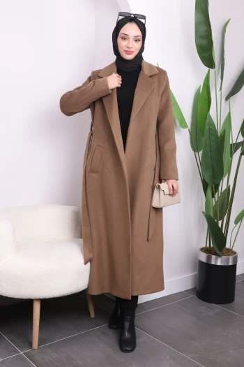 Vizon Bel Kuşaklı Uzun Kaşe Kaban