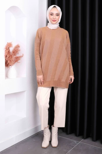 Vizon Desenli Simli Triko Tunik