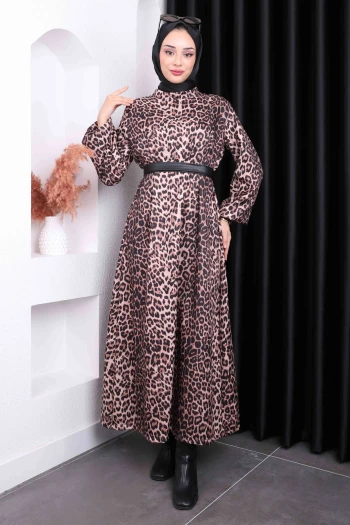 Vizon Leopar Desenli Kuşaklı Elbise