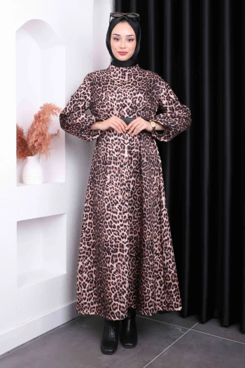 Vizon Leopar Desenli Kuşaklı Elbise