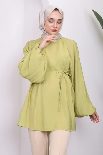 Yağ Yeşili Balon Kol Beli İpli Tunik