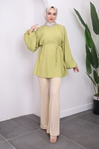 Yağ Yeşili Balon Kol Beli İpli Tunik