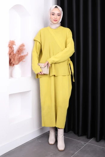 Yağ Yeşili Tek Omuz Süveterli Triko Elbise