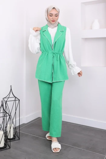 Yeşil Bluz Yelek Pantolon Üçlü Takım